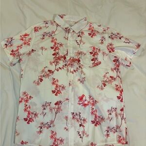 SHEIN White and Pink Casual Button Down Shirt with Floral Design